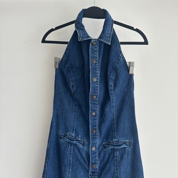 Free People Denim Jumpsuit 8 Blue Flared Halter One Piece Low Back 70s Retro - Picture 6 of 11